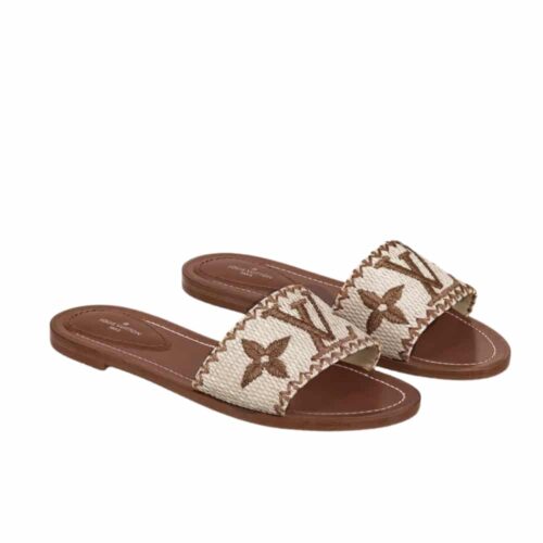 Louis Vuitton Lock It Flat Raffia Mule Cognac Brown