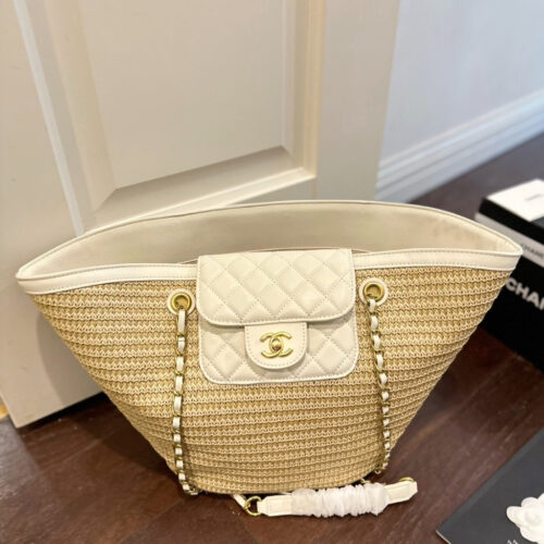 Alternative view of Chanel Shopping Bag Large Braided Straw Tote Bag Beige White 31cm AS5952B22647U6022
