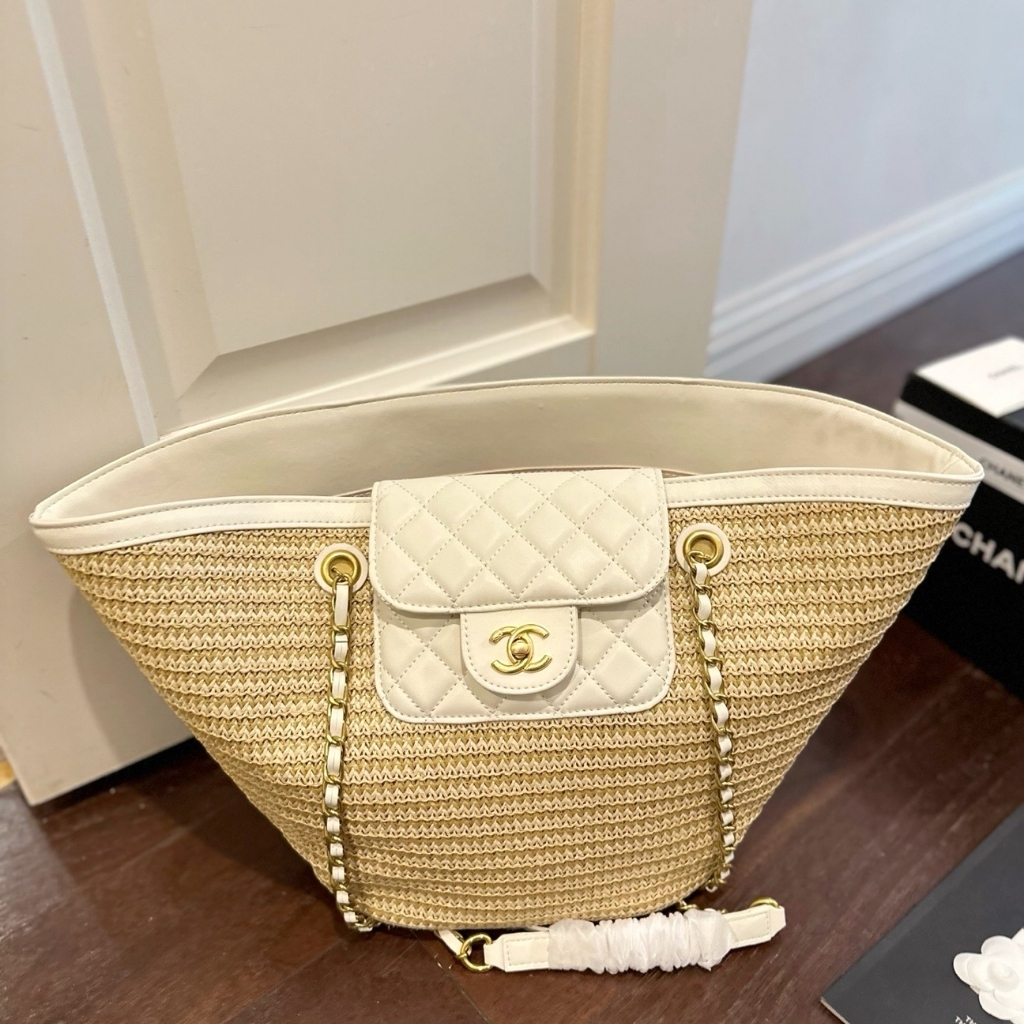 Chanel Shopping Bag Large Braided Straw Tote Bag Beige White 31cm AS5952B22647U6022 - Image 2