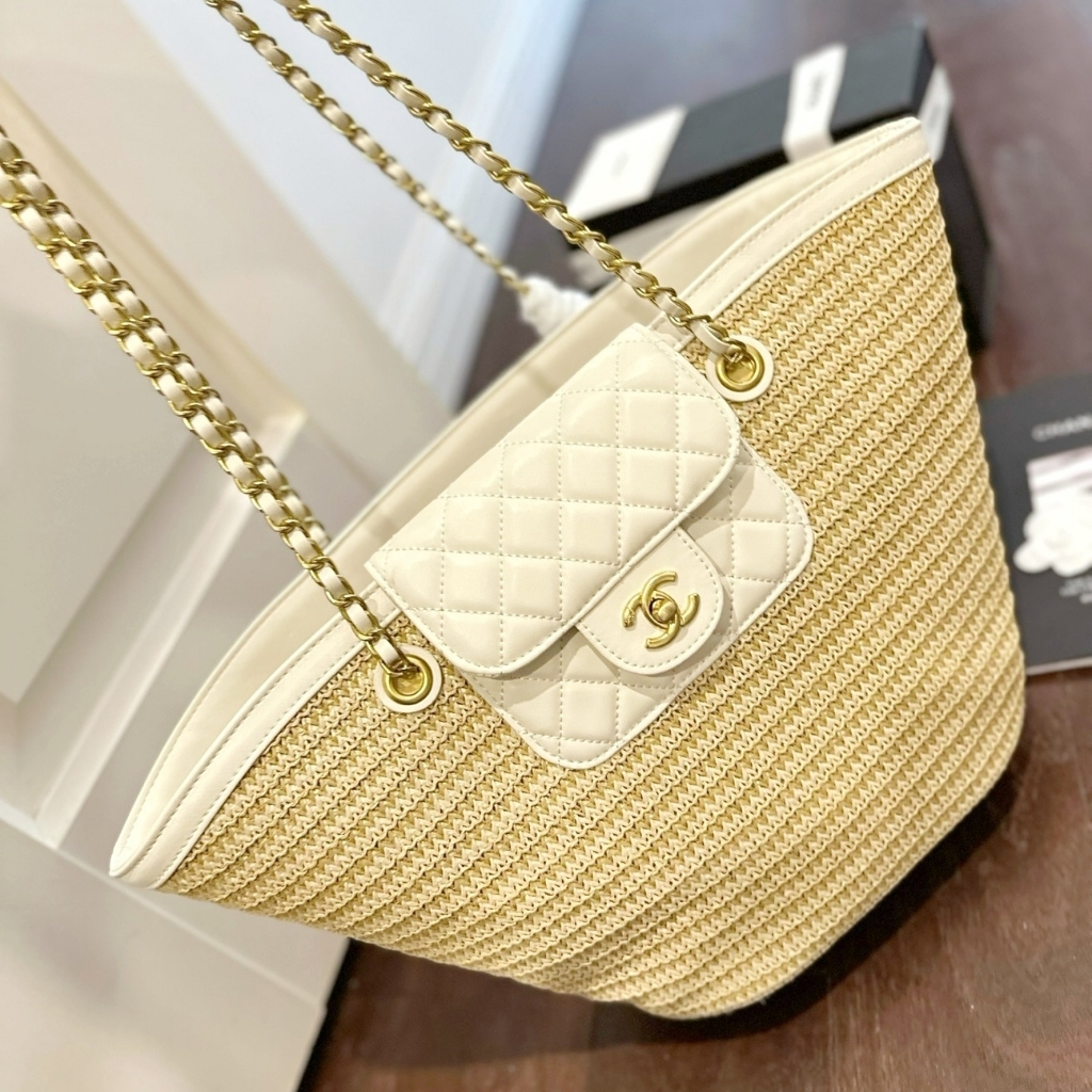 Chanel Shopping Bag Large Braided Straw Tote Bag Beige White 31cm AS5952B22647U6022 - Image 3