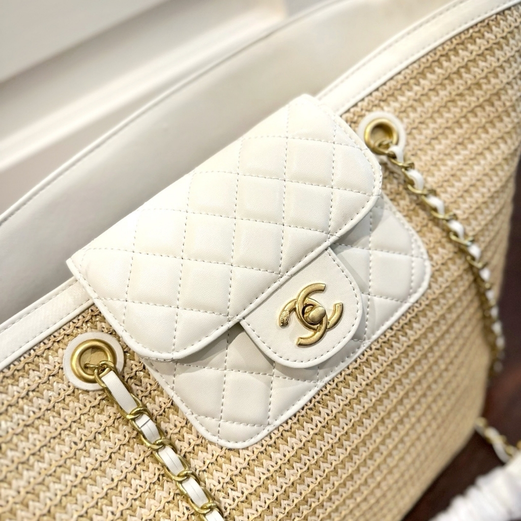 Chanel Shopping Bag Large Braided Straw Tote Bag Beige White 31cm AS5952B22647U6022 - Image 4