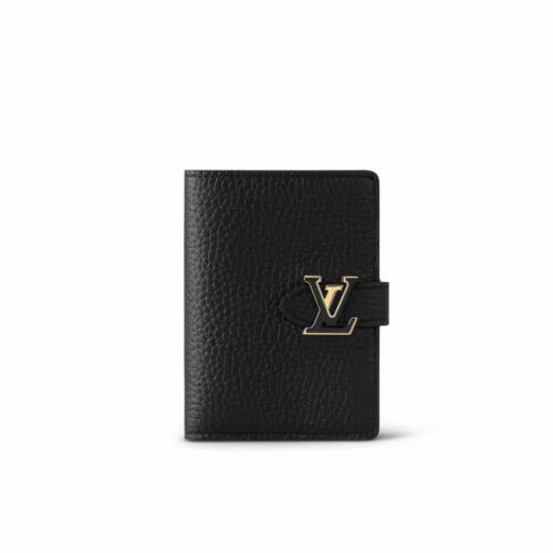 Louis Vuitton LV Vertical Compact Taurillon Leather Wallet Black Beige 12cm M81561
