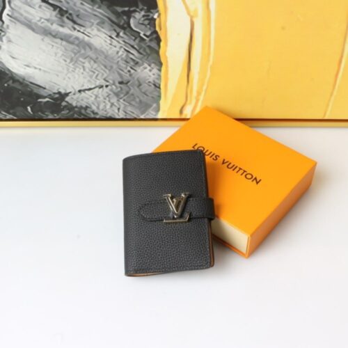 Alternative view of Louis Vuitton LV Vertical Compact Taurillon Leather Wallet Black Beige 12cm M81561