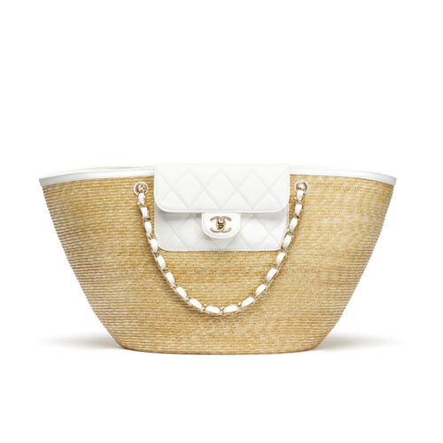 Chanel Shopping Bag Large Braided Straw Tote Bag Beige White 31cm AS5952B22647U6022