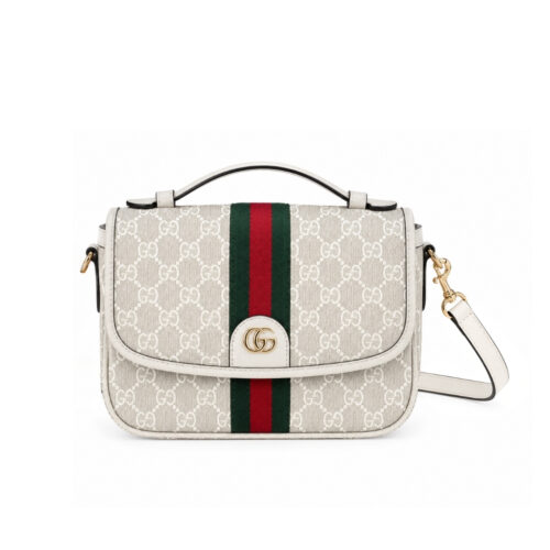 Gucci Ophidia Medium GG Monogram Top Handle Bag Beige And White 24Cm