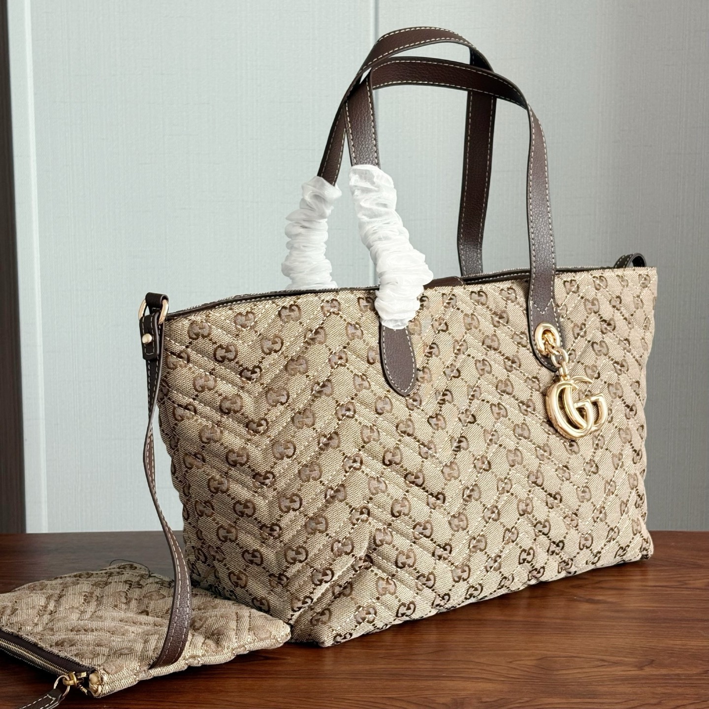 Gucci Marmont Medium GG Canvas Tote Bag Sand And Dark Brown 30cm 855279 FAF05 9651 - Image 3